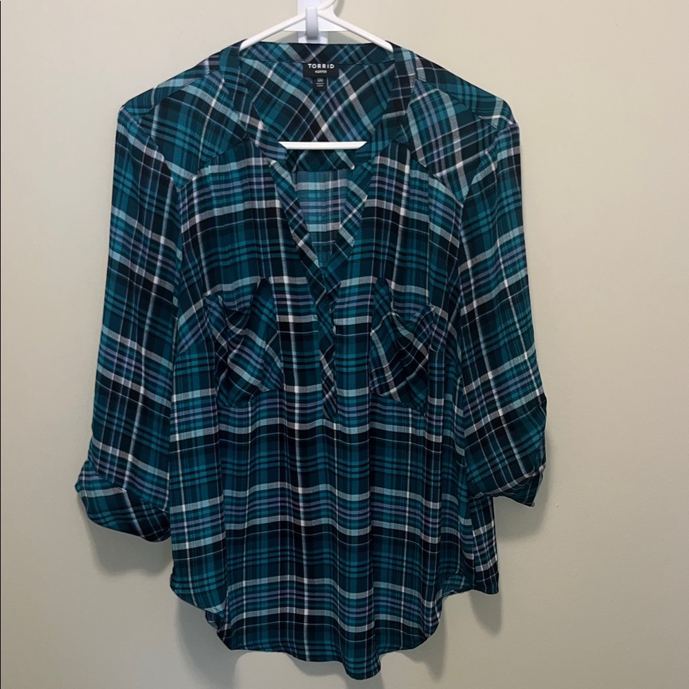 Torrid Teal and Black Plaid Button Down Shirt